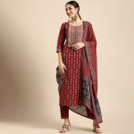 Women Red Ethnic Motifs Embroidered Pure Cotton Kurta with Salwar & With Dupatta