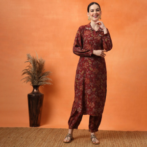 Floral Embroidered Regular Thread Work Kurta with Trousers