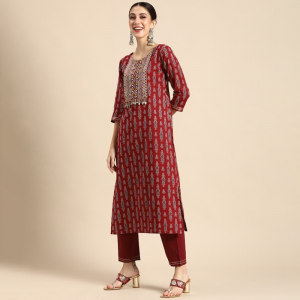 Women Red Ethnic Motifs Embroidered Pure Cotton Kurta with Salwar & With Dupatta
