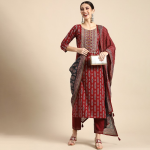 Women Red Ethnic Motifs Embroidered Pure Cotton Kurta with Salwar & With Dupatta